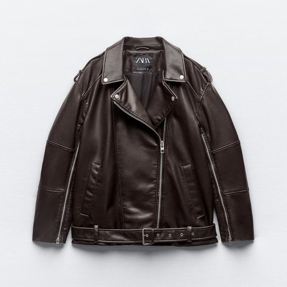 NWT ZARA WASHED FAUX LEATHER OVERSIZED BIKER JACKET DARK BROWN - Picture 11 of 11